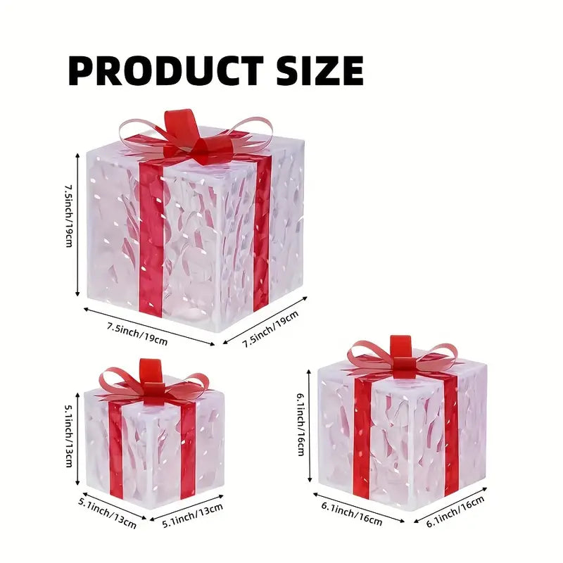 set of 3 transparent decorative Christmas boxes with warm white LED