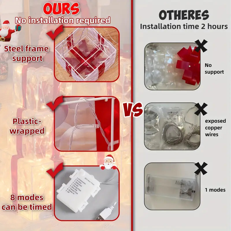 set of 3 transparent decorative Christmas boxes with warm white LED