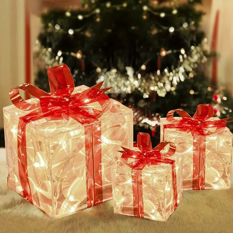 set of 3 transparent decorative Christmas boxes with warm white LED
