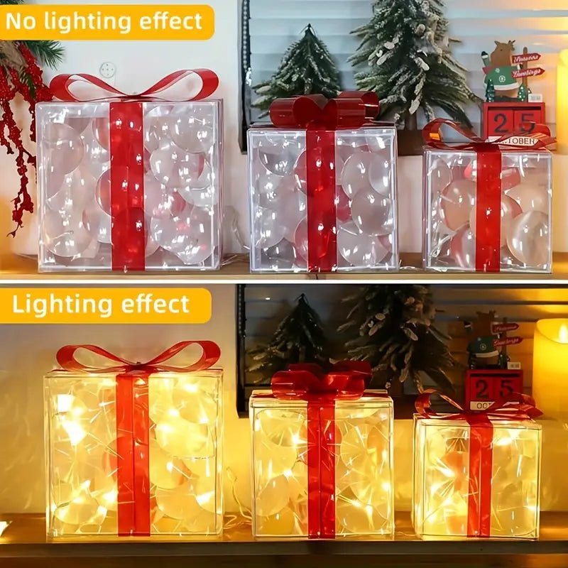 set of 3 transparent decorative Christmas boxes with warm white LED