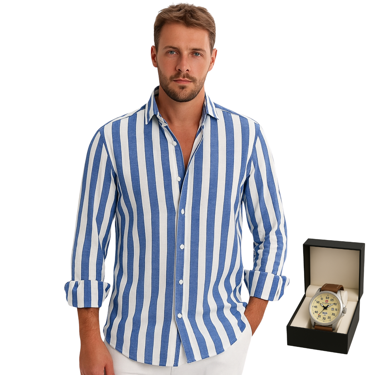 LinoLux – Striped linen shirt + free sports watch with leather strap