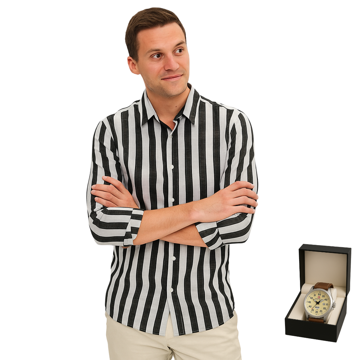 LinoLux – Striped linen shirt + free sports watch with leather strap
