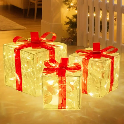 set of 3 transparent decorative Christmas boxes with warm white LED