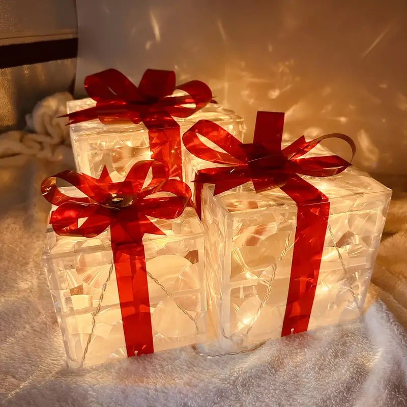 set of 3 transparent decorative Christmas boxes with warm white LED