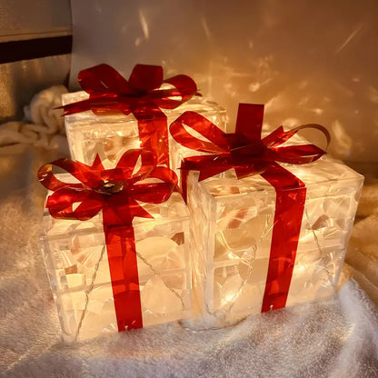 set of 3 transparent decorative Christmas boxes with warm white LED