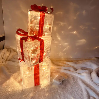 set of 3 transparent decorative Christmas boxes with warm white LED