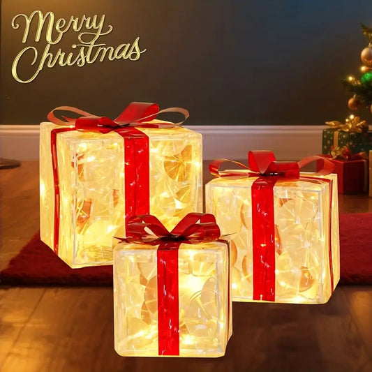 set of 3 transparent decorative Christmas boxes with warm white LED