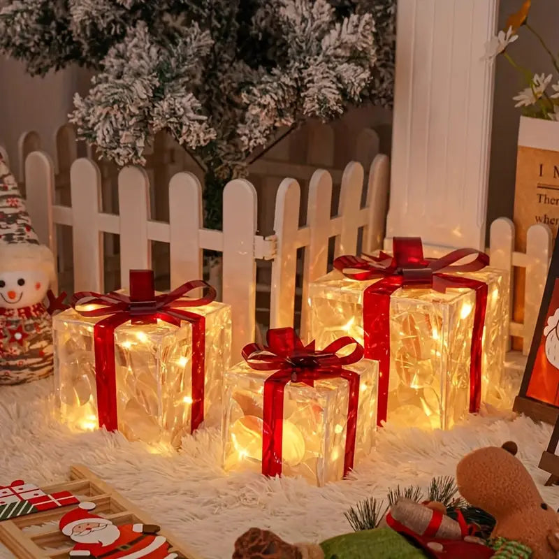 set of 3 transparent decorative Christmas boxes with warm white LED