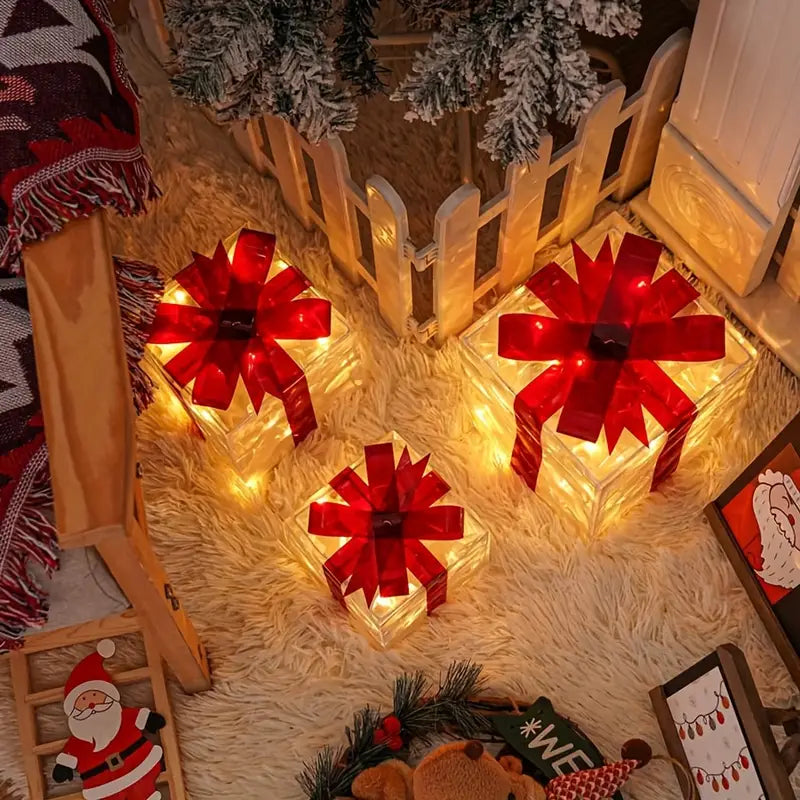 set of 3 transparent decorative Christmas boxes with warm white LED